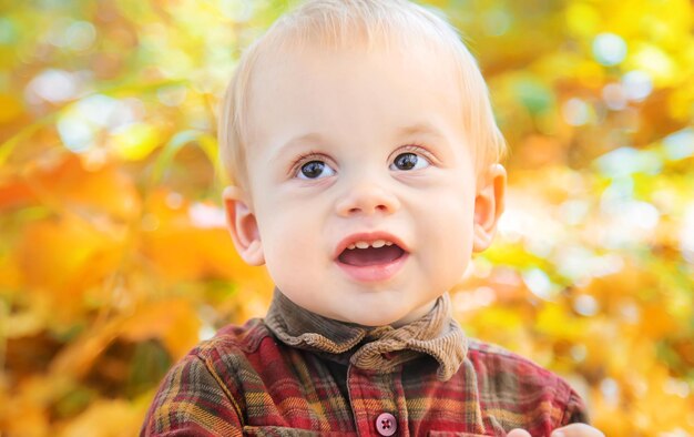 Kleine jongen in het park op herfstbladeren Selectieve focus