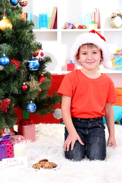 Kleine jongen in kerstmuts met melk en koekjes voor de kerstman