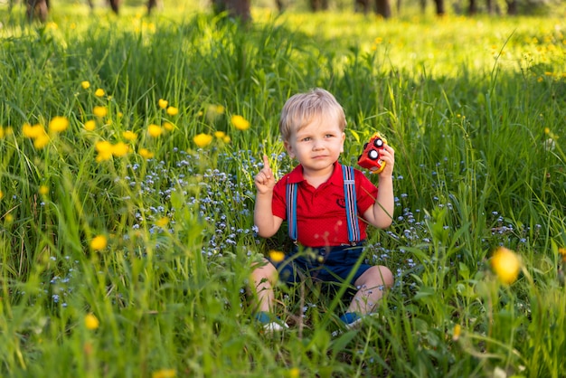 Kleine jongen jongen spelen op gras gekleurd speelgoed