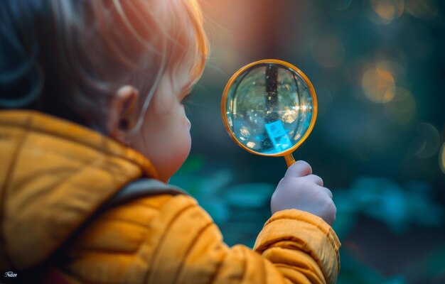 Foto kleine jongen kijkt door een vergrootglas