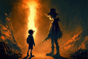 Foto kleine jongen kijkt naar gigantisch monster gemaakt van vuur een kind staat en houdt een fakkel vast tegenover een brandende gigantische digitale kunststijl illustratie schilderij