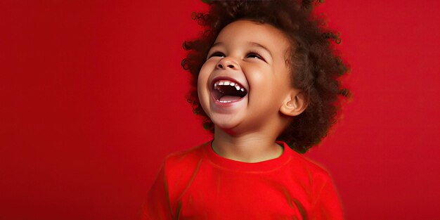 Foto kleine jongen lacht op rode studio achtergrond