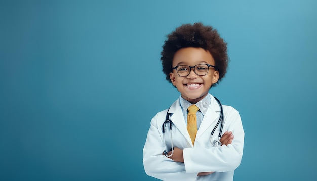 kleine jongen lacht terwijl hij gekleed is in een dokter