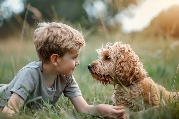 Kleine jongen ligt in het gras met hond