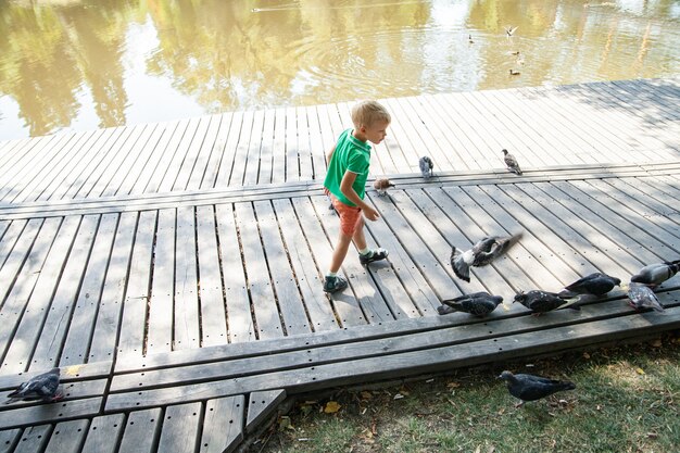 Kleine jongen loopt op houten pad in zomerdag