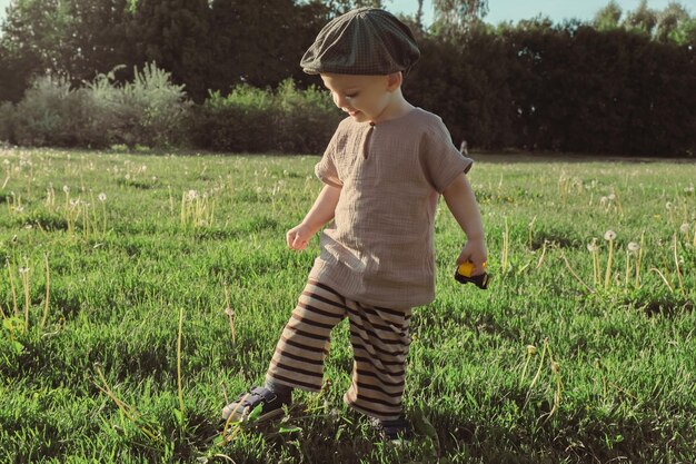 Kleine jongen lopen op het veld op het platteland op zomerdag