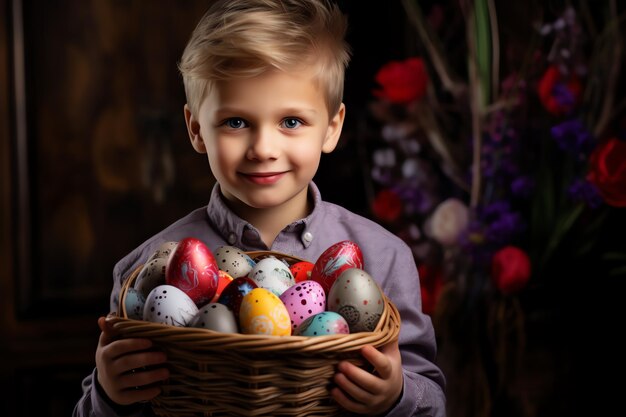 kleine jongen met een rieten mand vol geschilderde veelkleurige paaseieren paasfeest thema voor