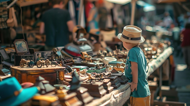 Kleine jongen met een strohoed die naar antiek kijkt op een vlooienmarkt
