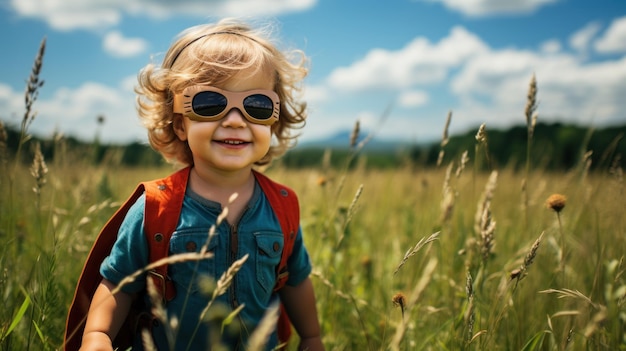 Kleine jongen met een superheld cape en masker.