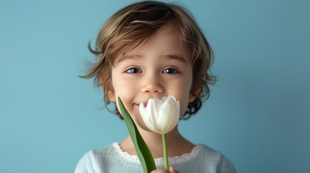 Kleine jongen met een tulpenbloem in haar handen op een pastelblauwe achtergrond