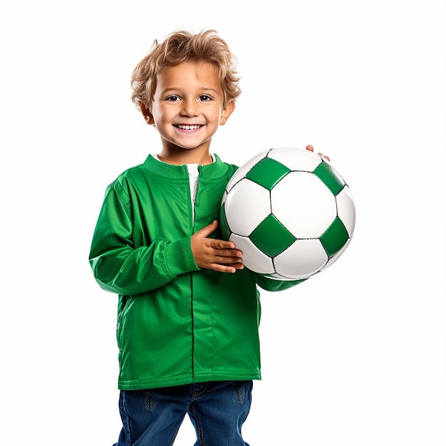 kleine jongen met een voetbal op een witte achtergrond