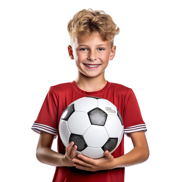 kleine jongen met een voetbal op een witte achtergrond