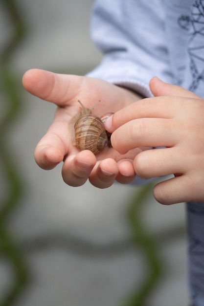 Kleine jongen met grote slak in zijn hand