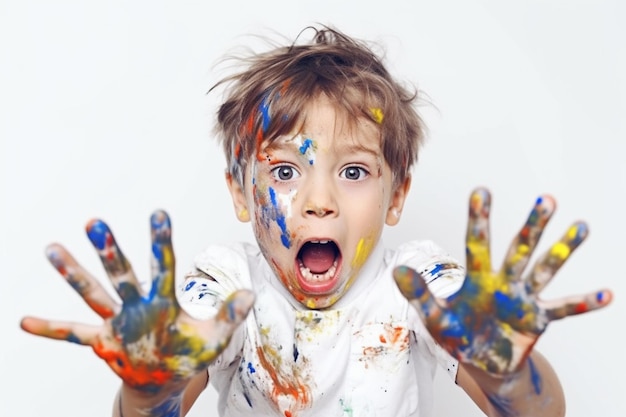 kleine jongen met handen vol verf