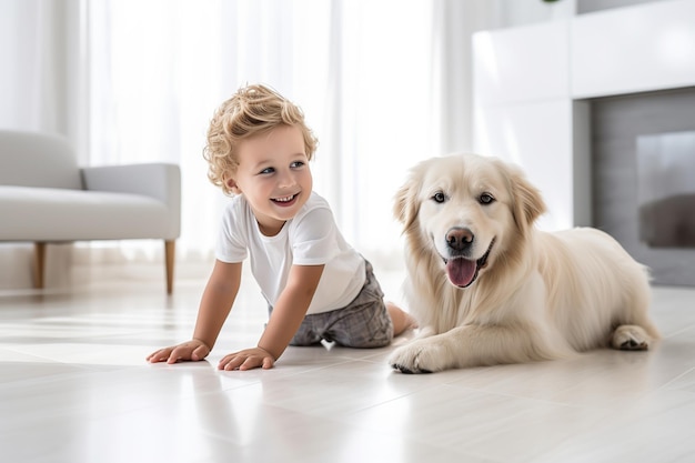 Kleine jongen met hond die op de vloer ligt