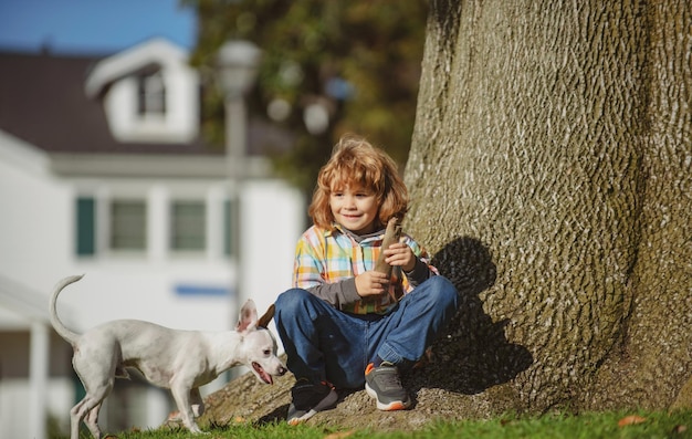 Kleine jongen met hond wandelen in zomergazon buiten