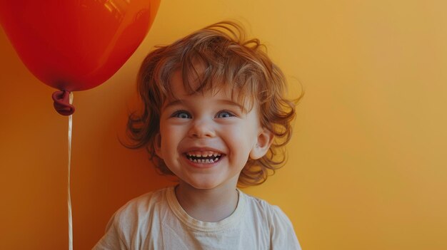 Kleine jongen met rommelig haar giggelend terwijl hij een ballon vasthoudt