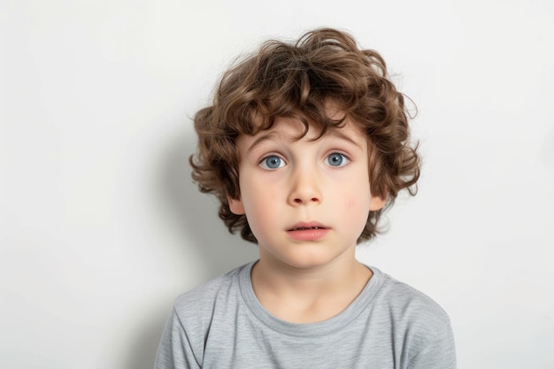 Kleine jongen met tranende ogen en pijnlijke uitdrukking op witte achtergrond Emotie Concept