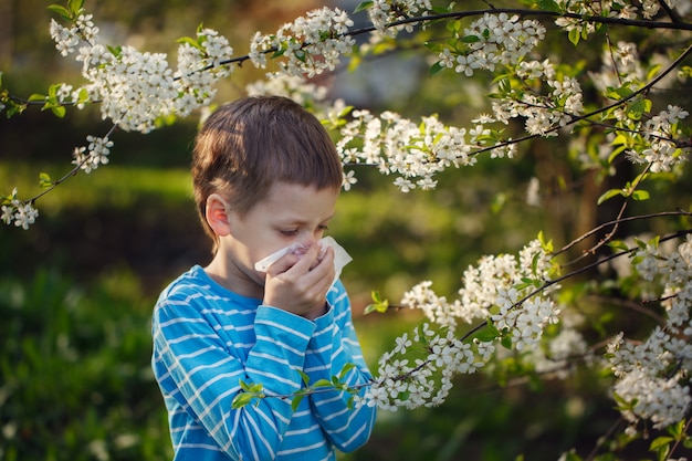 Kleine jongen niest vanwege een allergie voor stuifmeel.