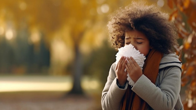 Foto kleine jongen niezen met zakdoek buiten ziek kind met servet in het herfstpark allergisch kind griep