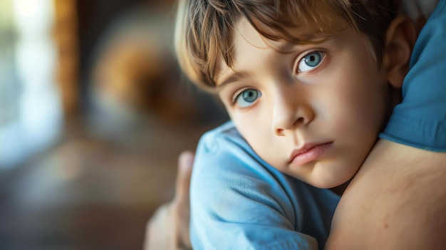 Kleine jongen omarmt zijn moeder van dichtbij de jongen heeft grote blauwe ogen en bruin haar hij draagt een blauw shirt de moeder draagt een wit shirt