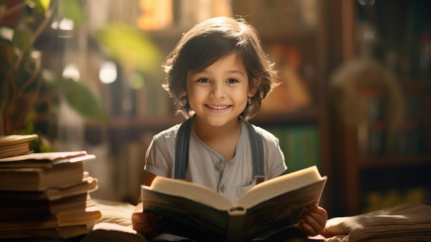 Kleine jongen omringd door boeken zit voor een open boek en glimlacht Gemaakt met generatieve AI-technologie