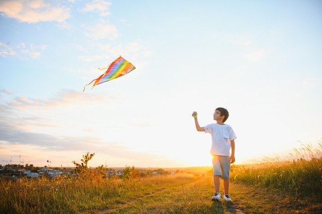 Kleine jongen op zomervakantie met plezier en gelukkige tijd vliegeren op het veld
