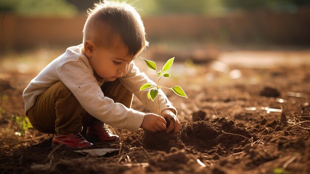 Foto kleine jongen plant voorzichtig boomboomjes in de grond van zonlicht tuin het creëren van hartverwarmende scène