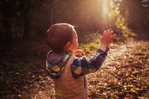 Kleine jongen probeert bellen te vangen in het herfstbos