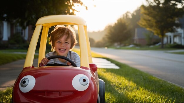 Kleine jongen rijdt een grote speelgoedwagen kind geniet van een warme zomerdag in de zonsopgang ochtend