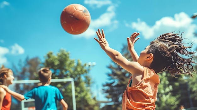 Kleine jongen speelt basketbal op de speeltuin Hij gooit de bal met één hand