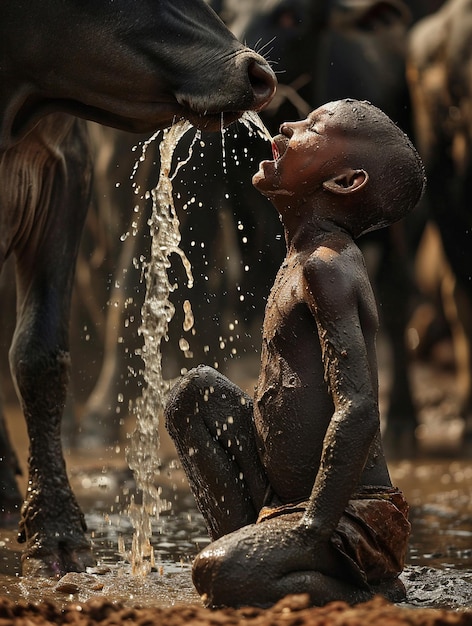 Foto kleine jongen speelt met water in een modderige plas omringd door een koeherd