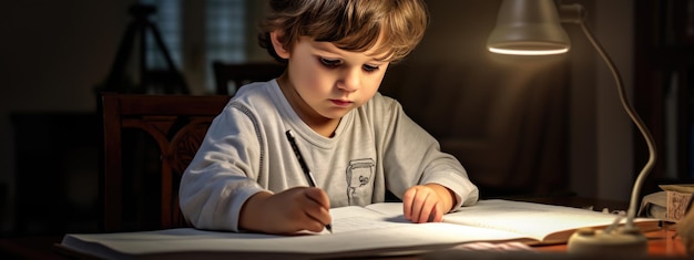 Kleine jongen tekent zittend aan een tafel