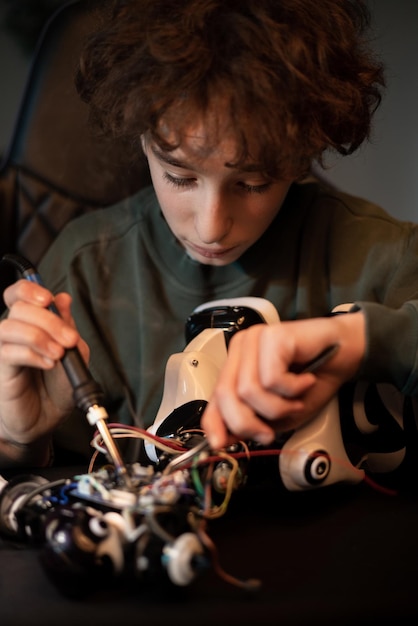 Foto kleine jongen trekt draden uit met een pincet en soldeert ze