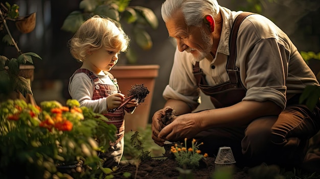 kleine jongen tuinieren met zijn grootouders