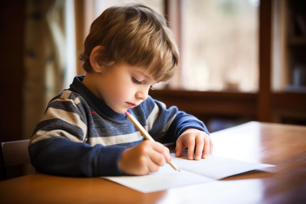 kleine jongen zit aan een bureau te schrijven en doet zijn huiswerk