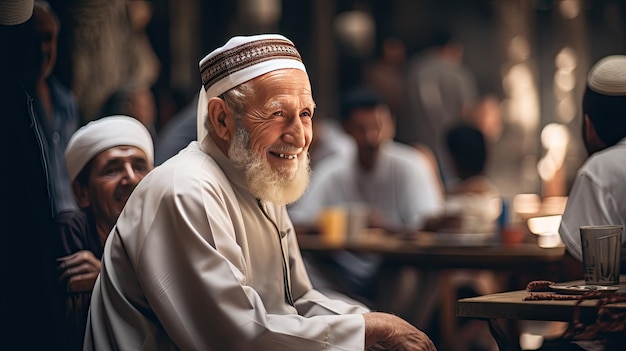 Kleine jongen zit naast een oudere man in een park Eid