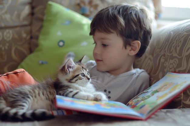 Kleine jongen zit op een bank met een boek en zijn schattige pluizige tabby kitten