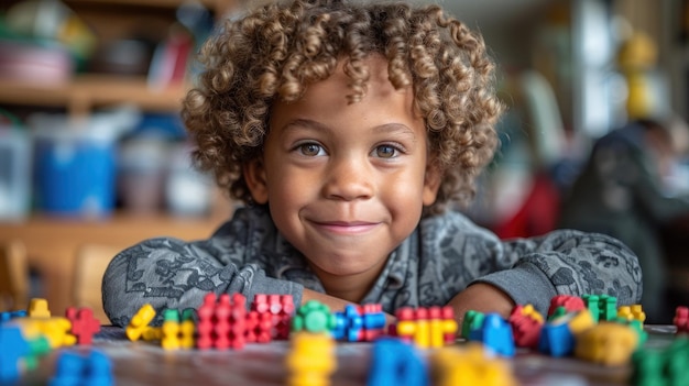 Kleine jongen zit voor de tafel.