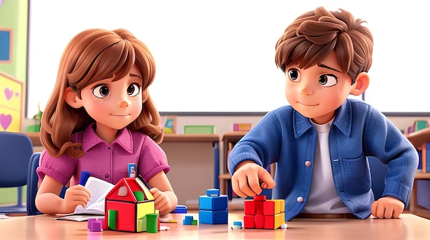 Kleine jongen zitten met het meisje in de klas spelen met kubus puzzel