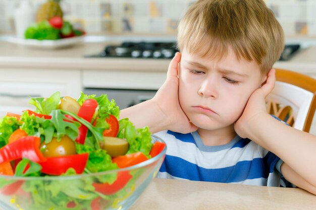 Kleine jongens met een afschuwelijk gezicht als hij weigert verse salade te eten