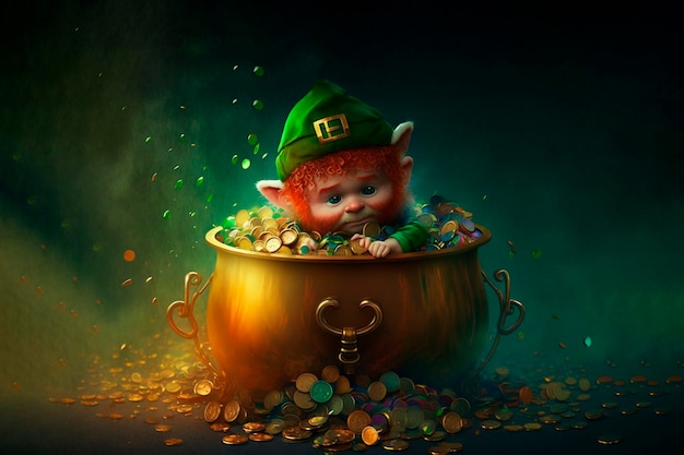 Kleine kabouter gluurt uit de pot met regenboogmunten Saint Patrick's day concept