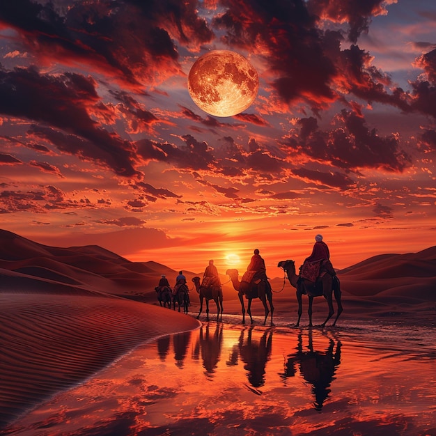 Foto kleine karavaan rijden door de woestijn silhouet van toeristen op kameel rijden konvooi