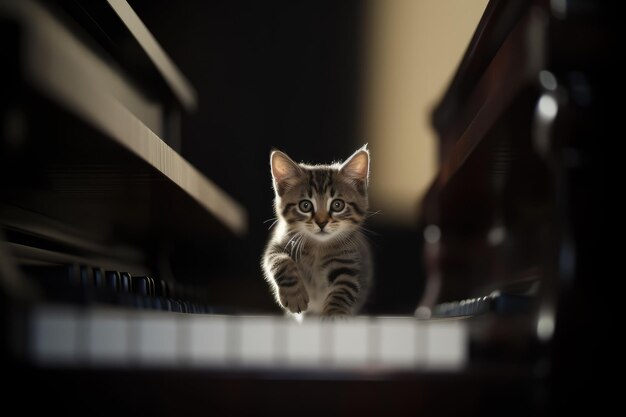 kleine kat die op de camera loopt over de piano toetsen