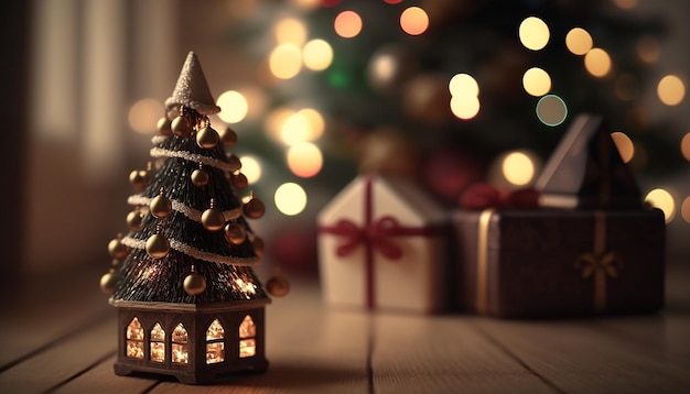 Kleine kerstboom op houten tafel met geschenken en decoratie, onscherpe achtergrond, generatieve ai