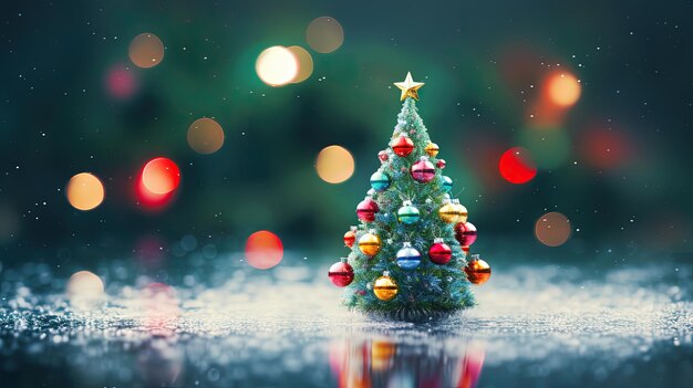 Kleine kerstboom speelgoed op de tafel symbool van de wintervakantie met bokeh lichten