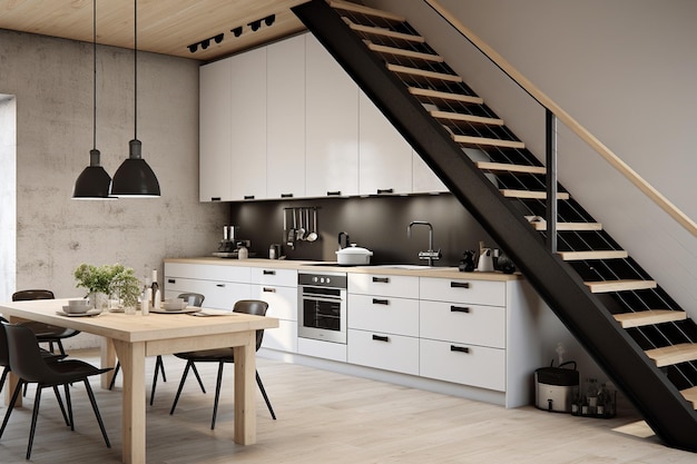 Kleine keuken met moderne Scandinavische Scandi-stijl Generatieve Ai