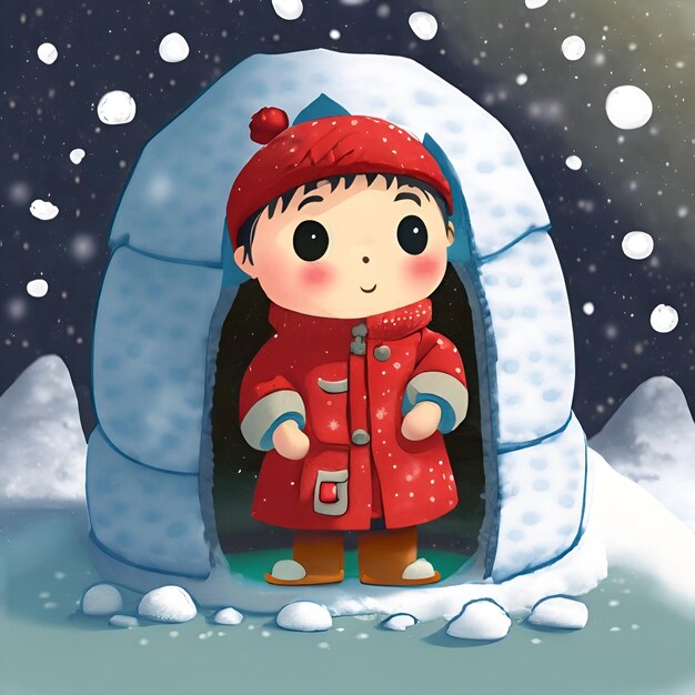 Kleine kind Eskimo rood gekleed onder de sneeuw in de igloo