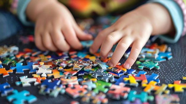 Kleine kind speelt met kleurrijke puzzelstukken op de tafel Concept van onderwijs en ontwikkeling door middel van spel