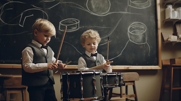 Foto kleine kinderen bij het krijtbord op de muziekschool